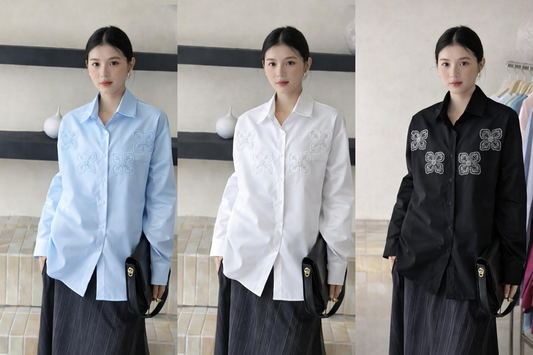 Three different outfits worn by a person in a tiled room.