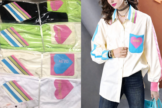 White shirt with colorful designs and 'AEVO' logo worn by a person, next to packaging of similar shirts.