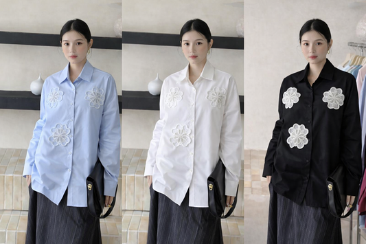 Three images of a person wearing different colored shirts with floral embroidery, standing against a neutral background.