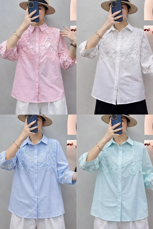 Four different colored lace shirts worn by a person in various poses.