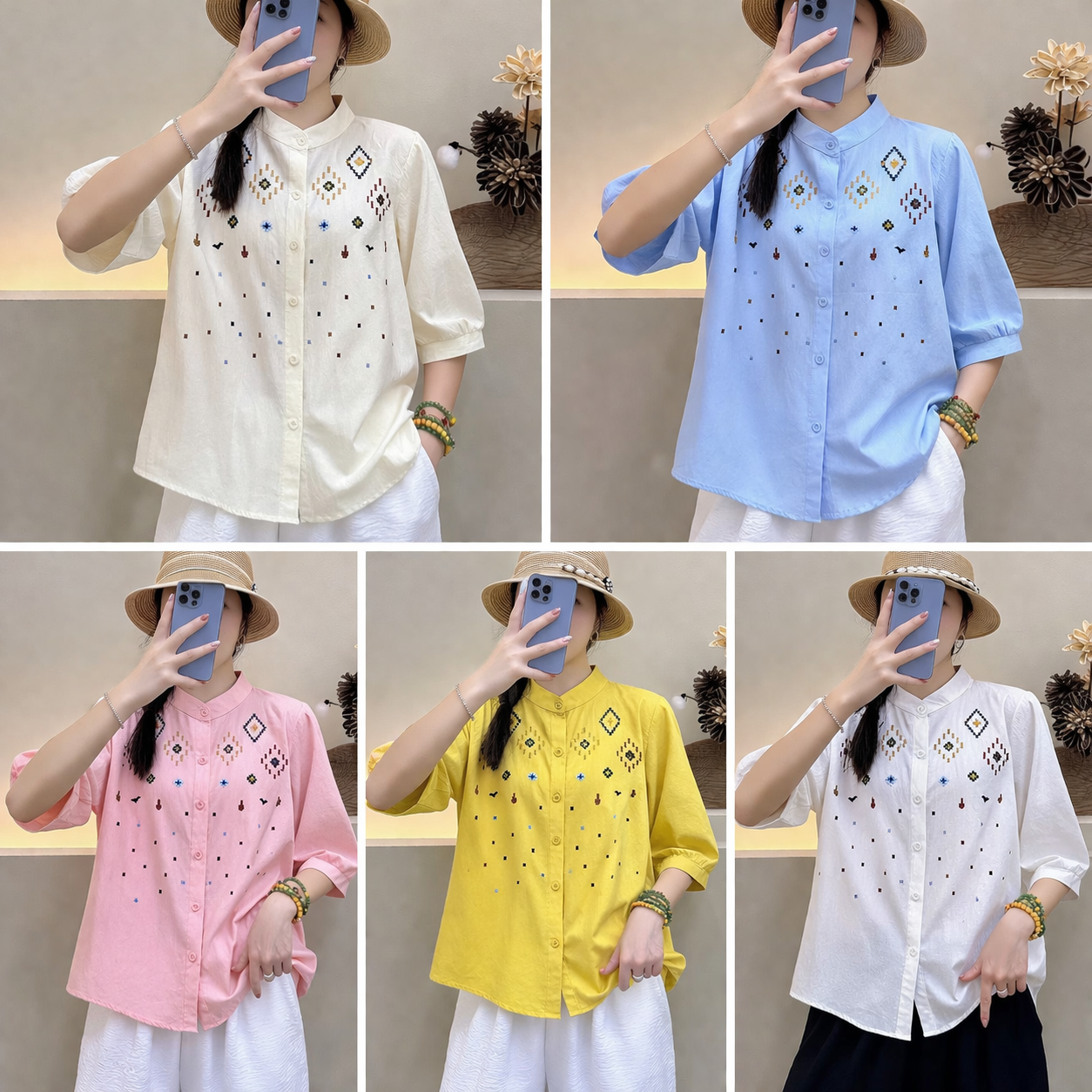 Collage of a person wearing different colored embroidered shirts.