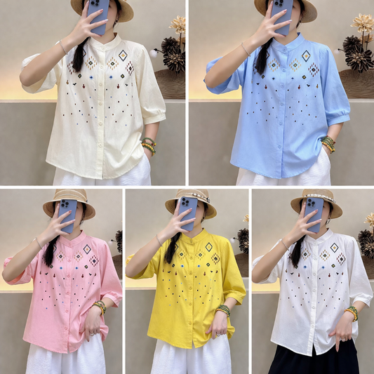 Collage of a person wearing different colored embroidered shirts.