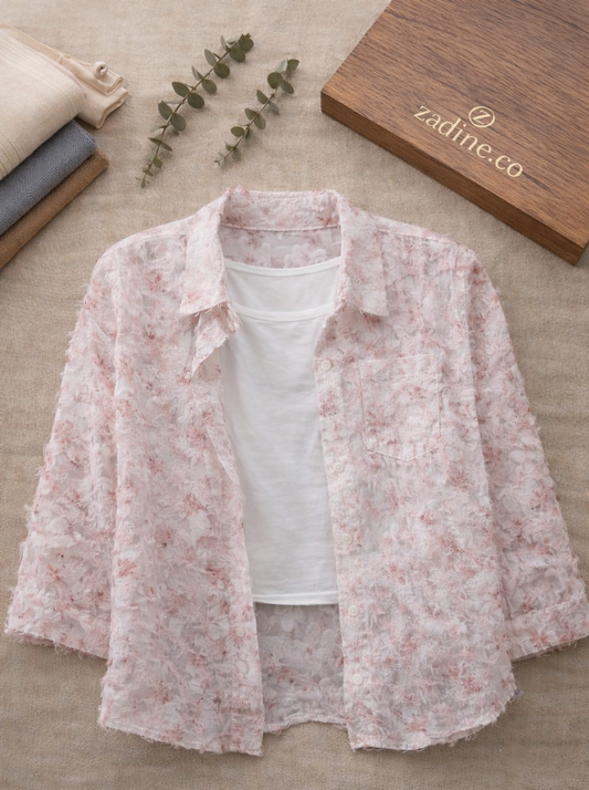 Floral blouse on a neutral background with 'zadine.co' branding.