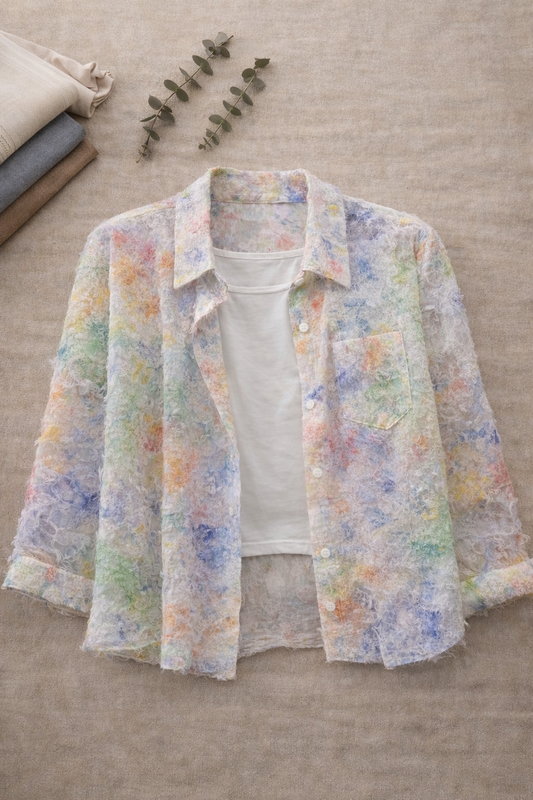 Translucent floral jacket over a white shirt on a neutral background