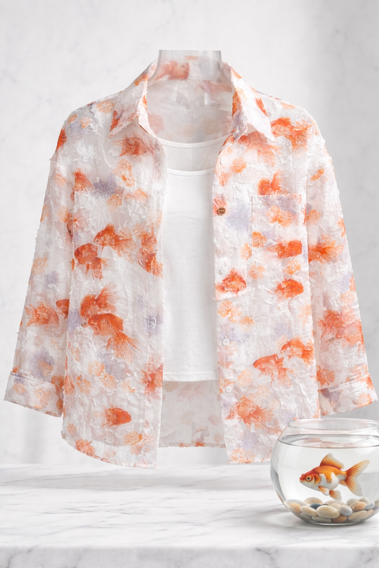 Mannequin wearing a floral-patterned scarf with a bowl of goldfish on a light background