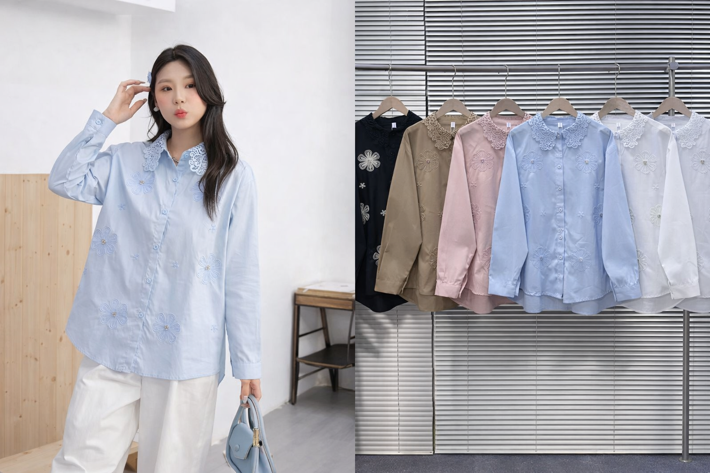 Imported Korean Lace Collar Embroidered Shirt Wholesale | Elegant Cotton Tops for Women | Korean Fashion Supplier India