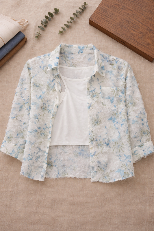Floral jacket over a white shirt on a beige surface with a wooden block and eucalyptus leaves.