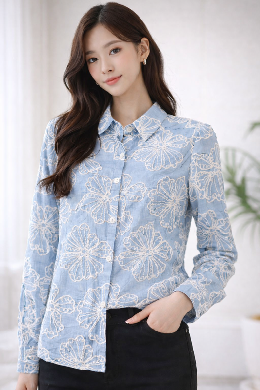 Imported Korean All-Over Embroidered Shirt for Women Wholesale | Premium Cotton Casual Tops India