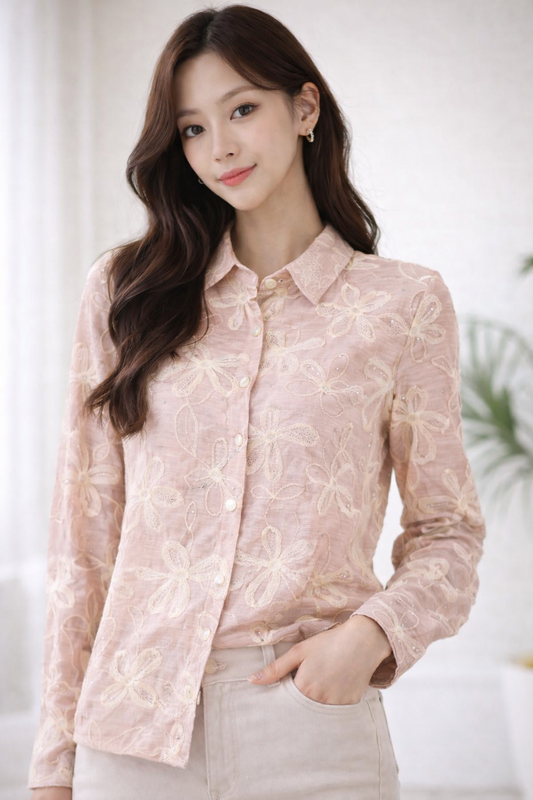 Imported Korean Pastel Embroidered Shirt for Women Wholesale | Elegant Designer Cotton Tops India