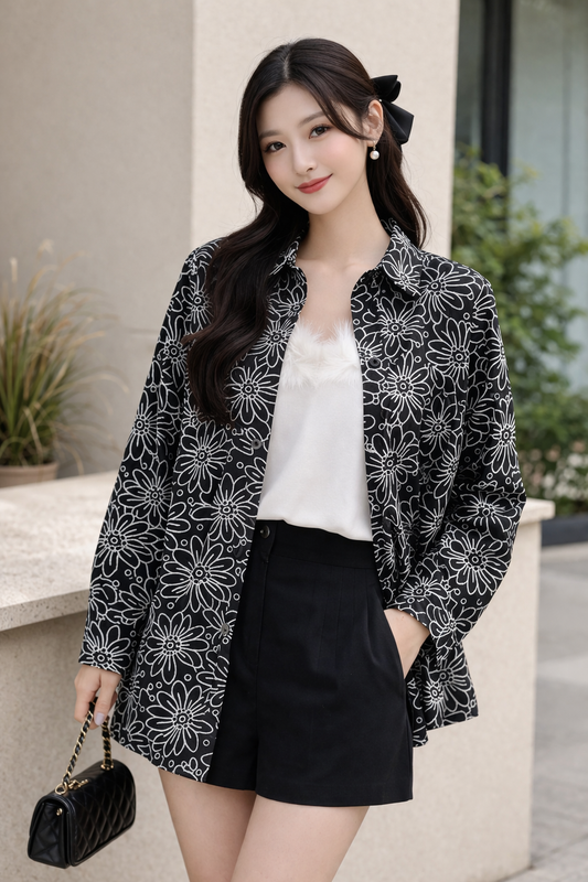 Imported Korean Black Printed Overshirt for Women Wholesale | Casual Trendy Layering Tops India