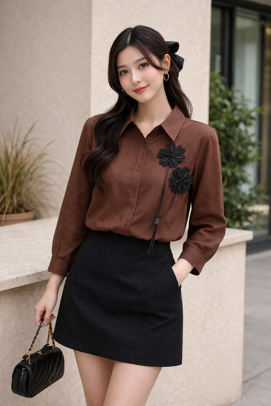 Imported Korean Brown Elegant Shirt with 3D Floral Detail for Women Wholesale India - Zadine Fashion