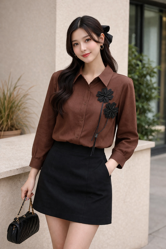Imported Korean Brown Elegant Shirt with 3D Floral Detail for Women | Premium Stylish Tops Wholesale India