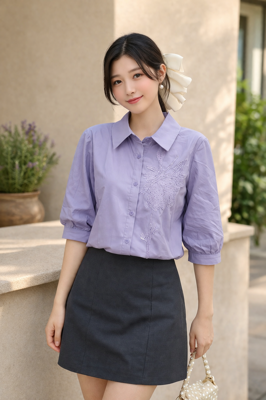 Imported Korean Lavender Embroidered Shirt for Women | Stylish Summer Tops Wholesale India