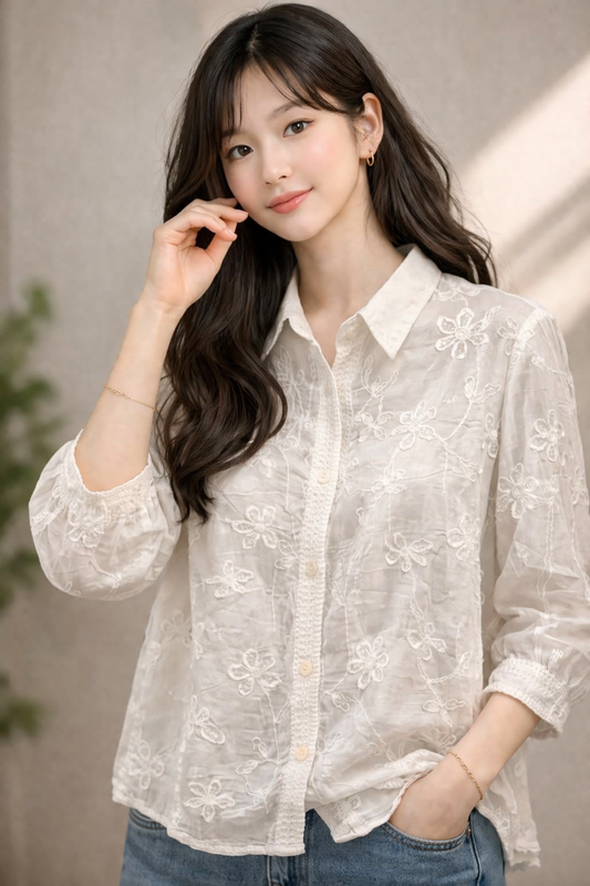 Imported Korean White Sheer Embroidered Shirt for Women | Stylish Summer Transparent Tops Wholesale India