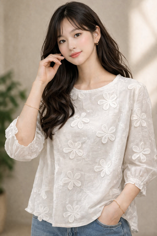 Imported Korean White 3D Flower Top for Women | Stylish Casual Summer Tops Wholesale India