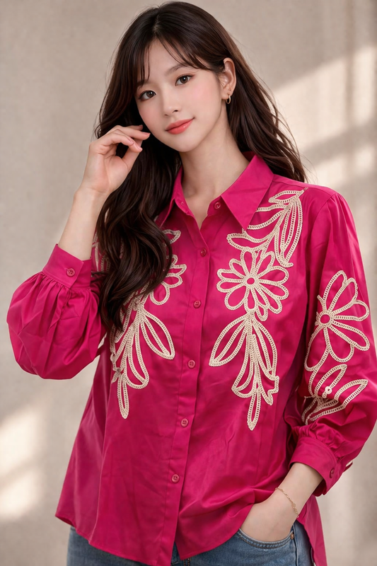 Imported Korean Hot Pink Embroidered Shirt for Women | Premium Statement Tops Wholesale India