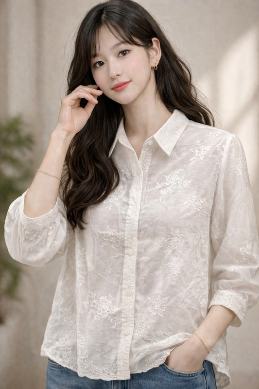 Imported Korean White Embroidered Shirt for Women | Casual Daily Wear Tops Wholesale India
