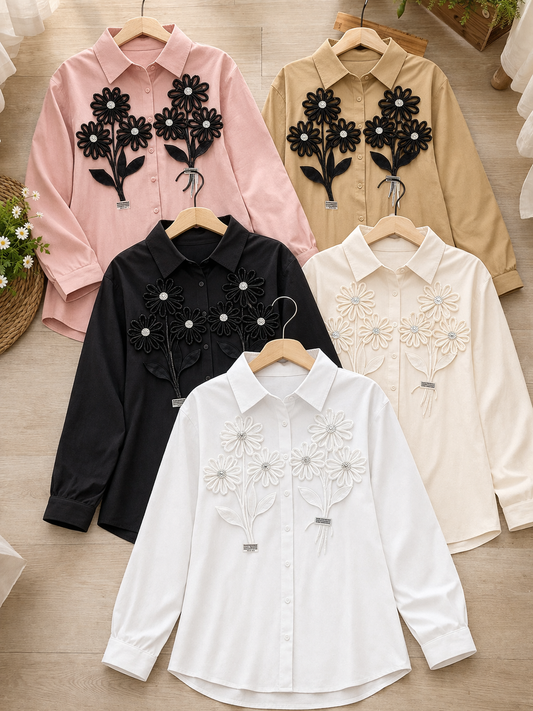 Premium Korean 3D Floral Applique Shirt for Women | Designer Loose Fit Tops Wholesale India