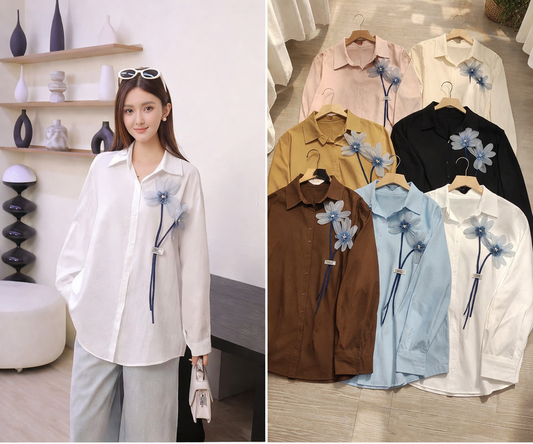 Korean Minimal 3D Flower Shirt for Women | Elegant Loose Fit Casual Premium Tops Wholesale India
