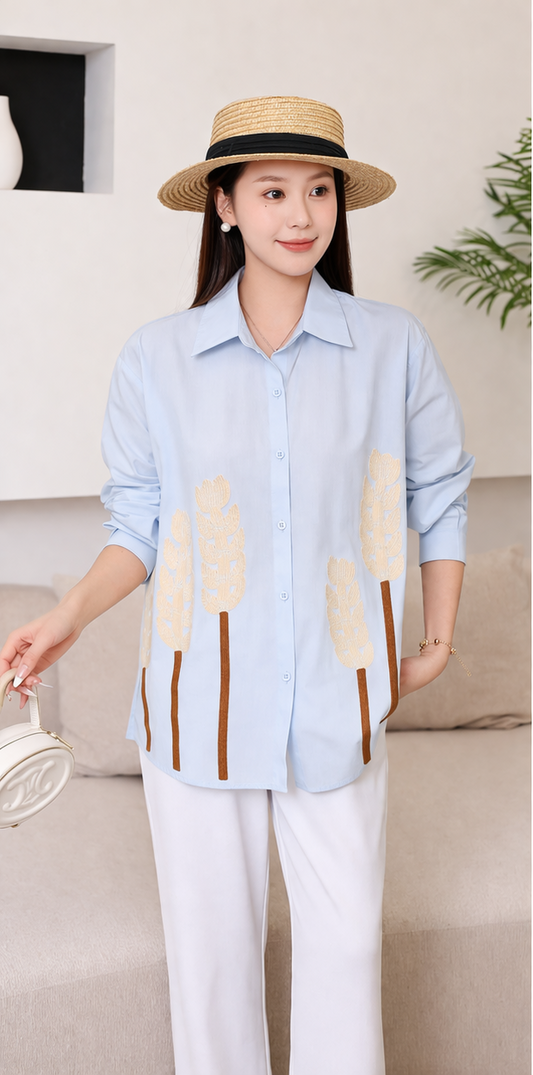 Korean Minimal Embroidered Shirt for Women | Elegant Loose Fit Casual Tops Wholesale India