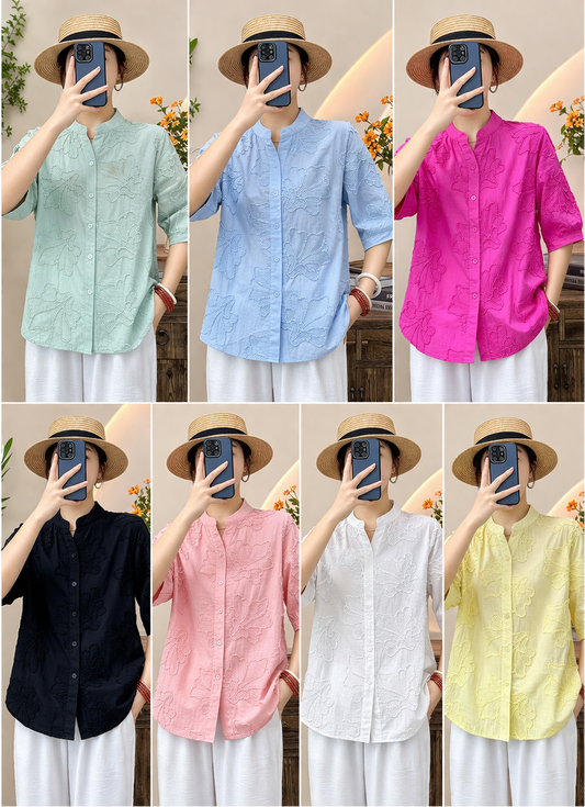 Collage of a person wearing various colored shirts with a straw hat.