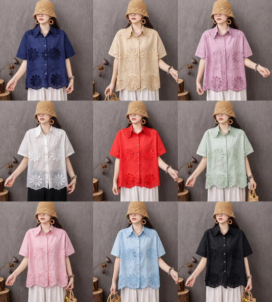 Grid of a person wearing a short-sleeve embroidered blouse in various colors against a neutral background.