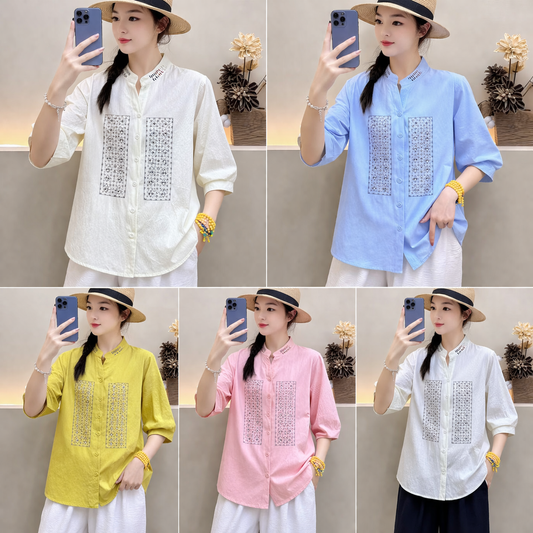 Korean Ethnic Embroidery Shirt for Women | Cotton Casual Office Wear Tops Wholesale India