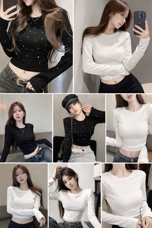 Imported Korean Studded Full Sleeve Crop Top for Women – Wholesale