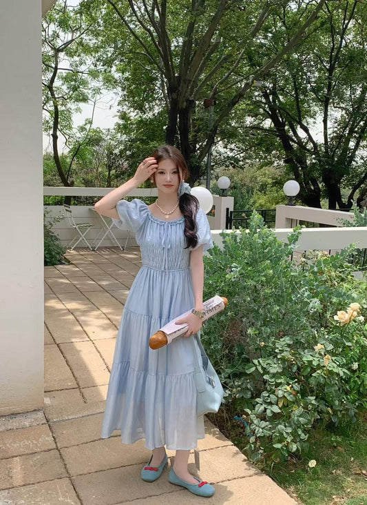 Korean Blue Puff Sleeve Midi Dress | Wholesale Supplier India