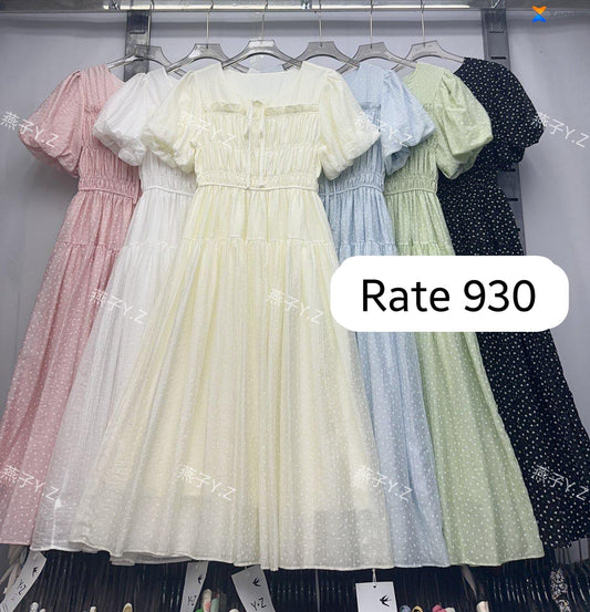 Imported Korean Swiss Dot Gown Wholesale | Puff Sleeve Long Dress Supplier India