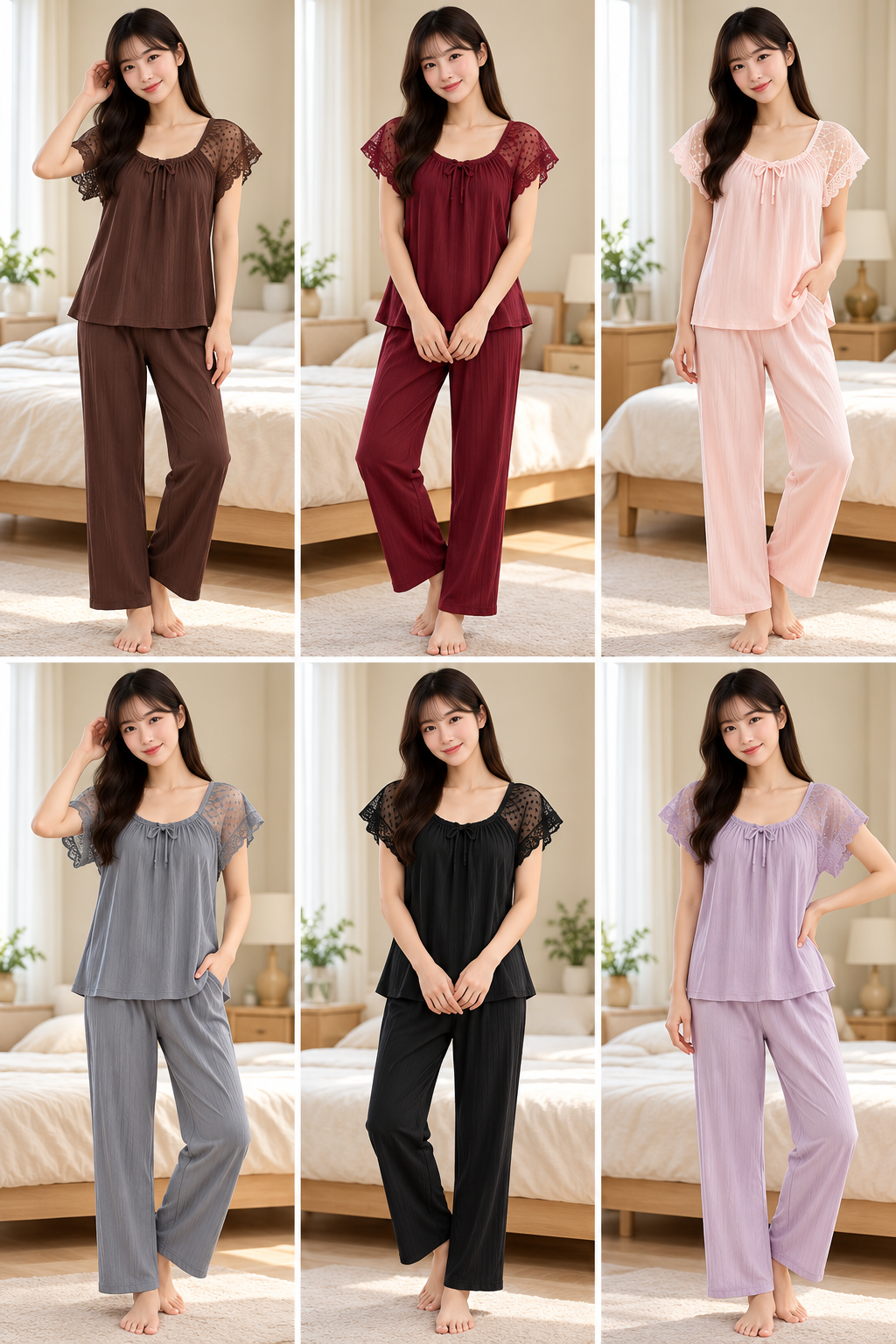 Six colours lace flutter sleeve women's two piece pajama nightwear set