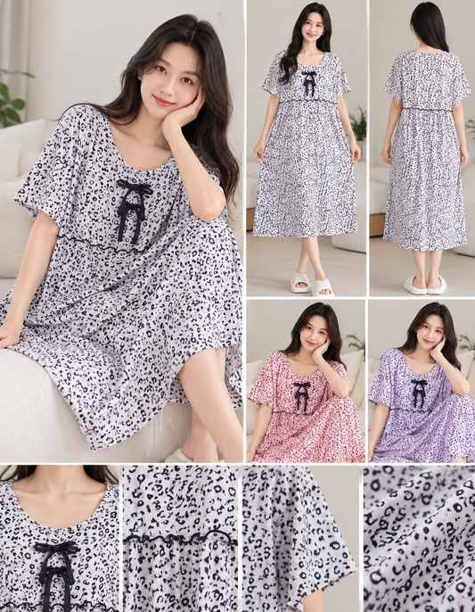 Leopard print short sleeve bow midi nightdress Korean wholesale in three colours