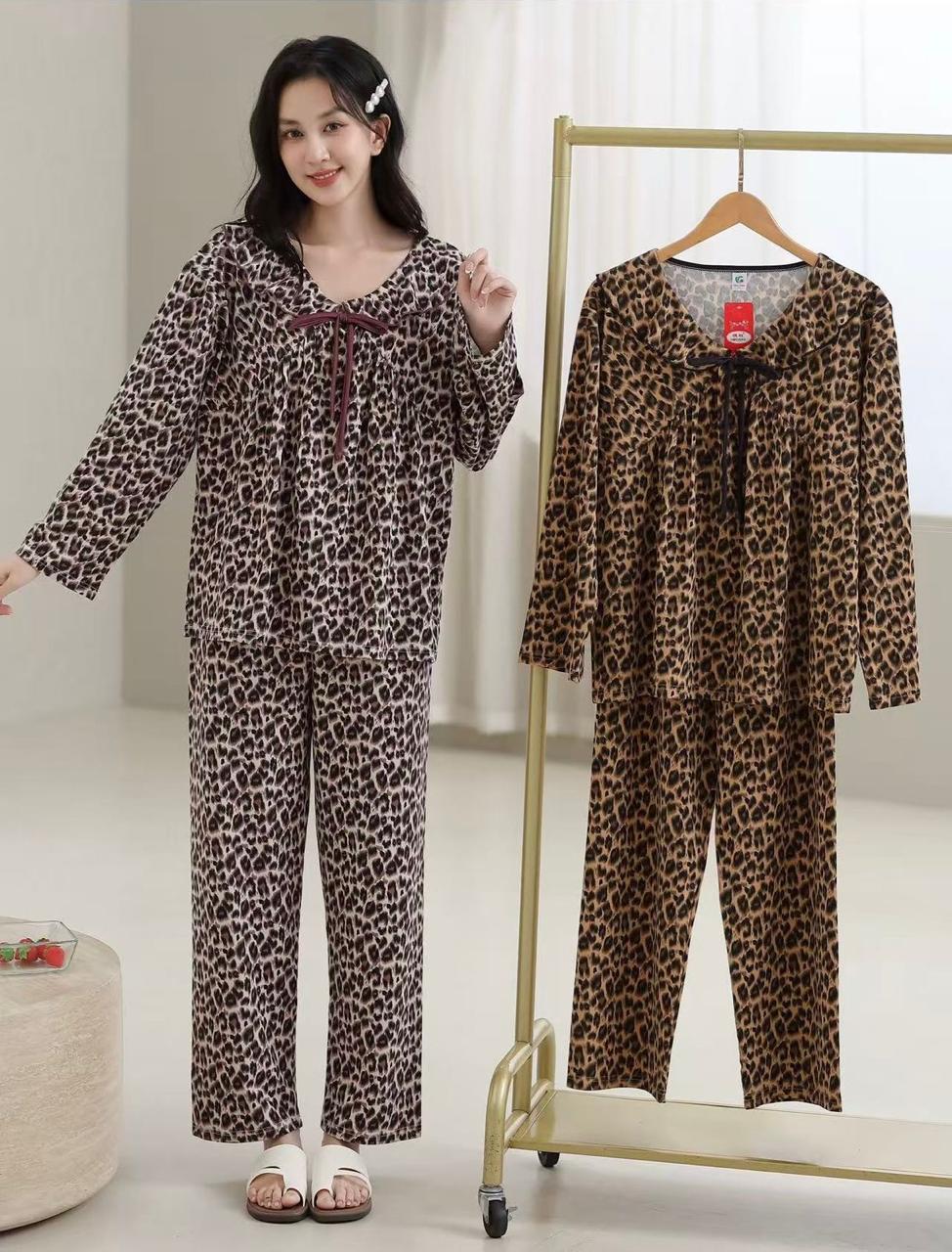 Brown and grey leopard print long sleeve women's two piece night suit wholesale