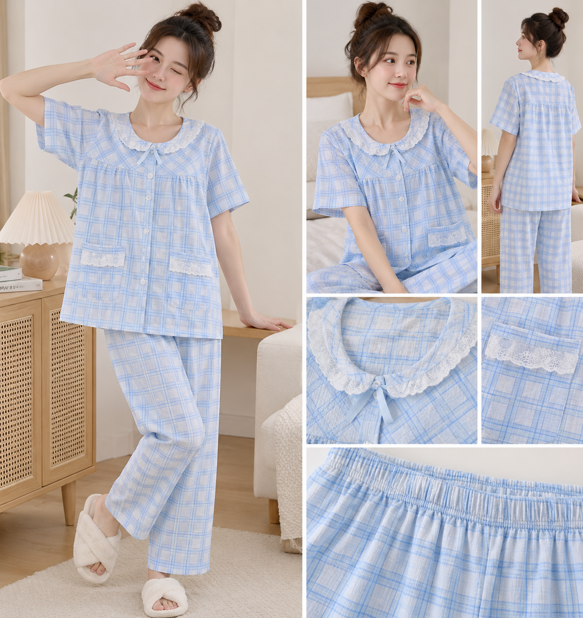 Light blue check lace collar Korean two piece nightwear set wholesale