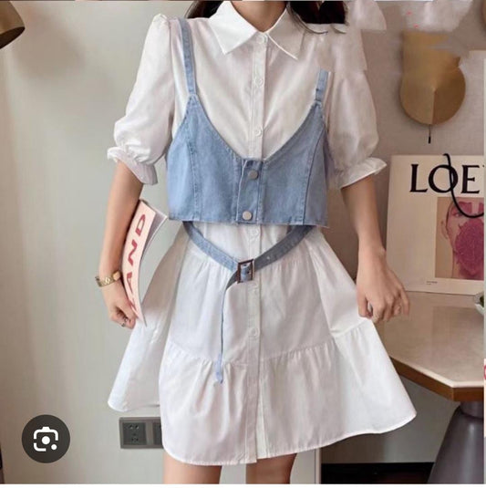 Long Shirt With Denim Waist Coat 153 by Zadine – Korean imported B2B fashion