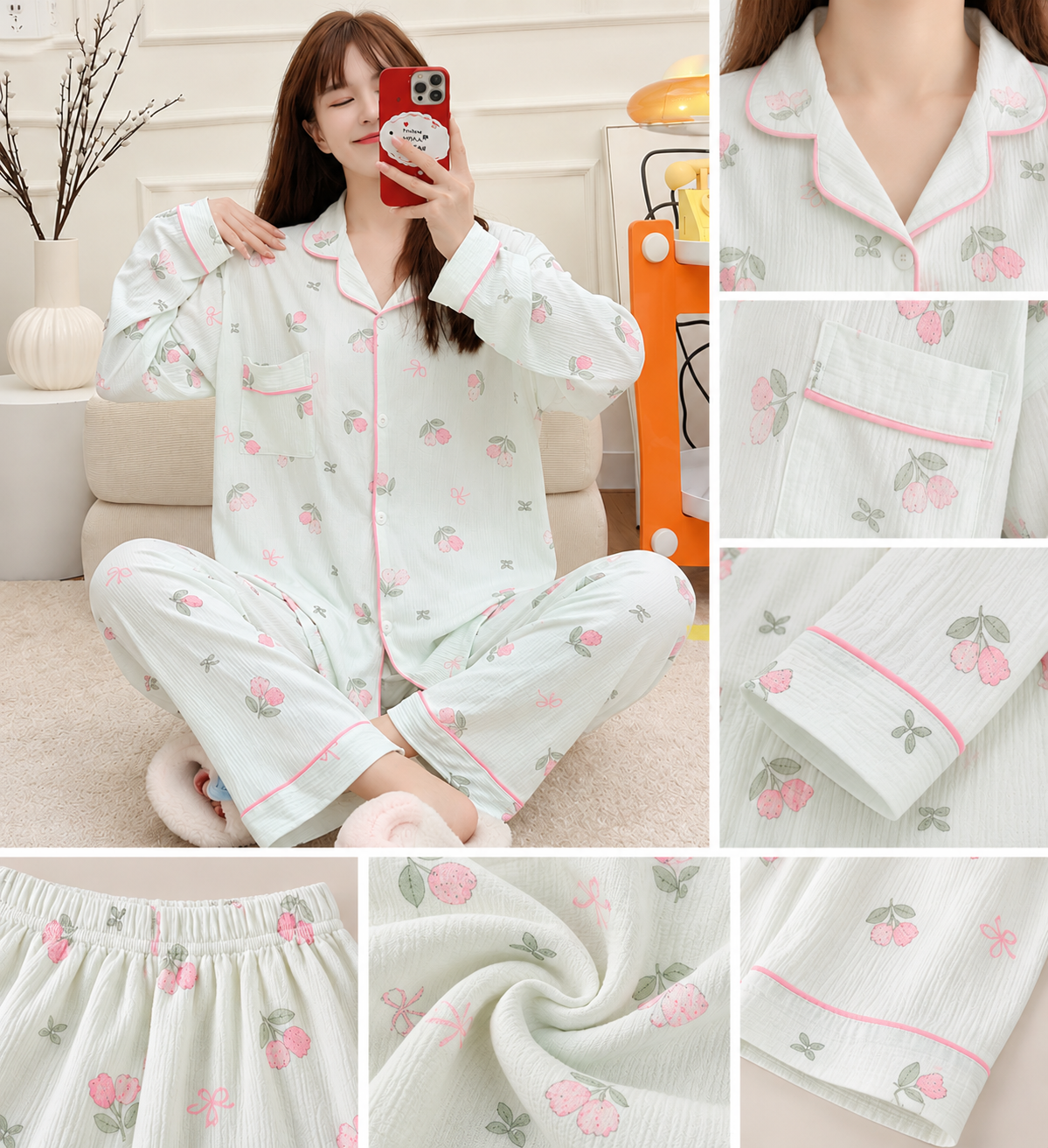 Mint pink floral long sleeve pajama nightwear set Korean wholesale MOQ 6