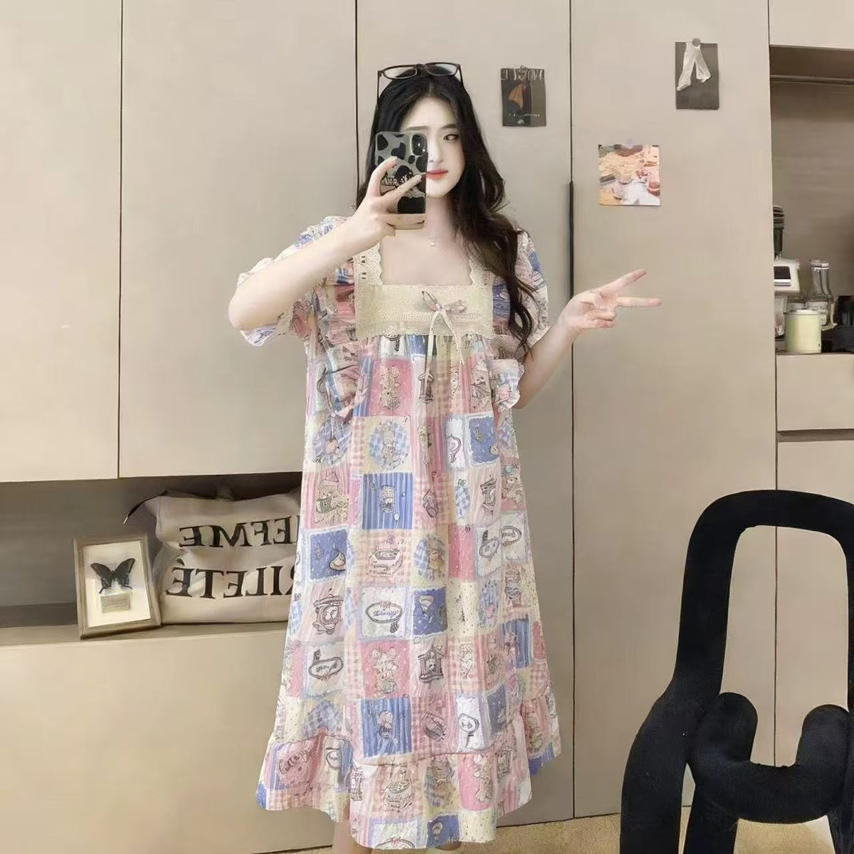 Multicolour patchwork printed lace yoke long nightdress with ruffle hem