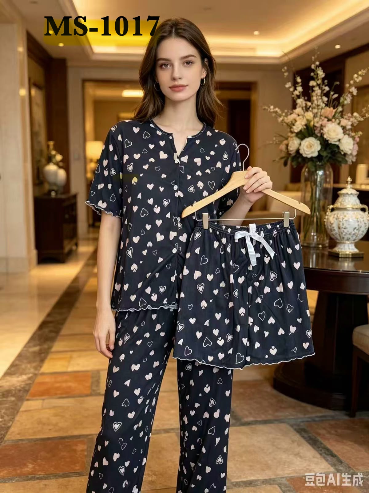 Navy heart print three piece nightwear set with top trousers and shorts