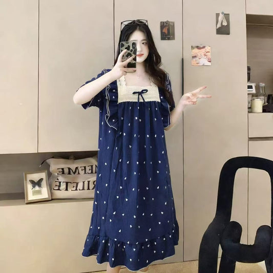 Navy printed lace yoke long nightdress with bow and ruffle hem