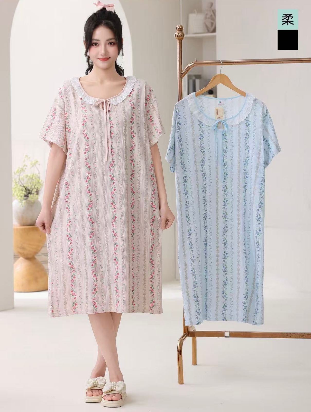 Korean Floral Lace Nighty for Women Wholesale | Premium Cotton Sleepwear Dress Supplier India | Ladies Nightwear Bulk