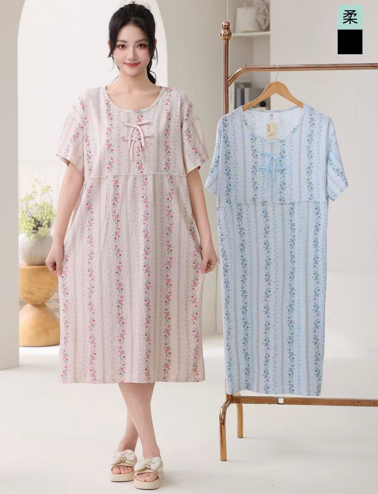 Korean Heart Print Nighty Dress for Women Wholesale | Premium Cotton Sleepwear Supplier India | Ladies Nightwear Bulk