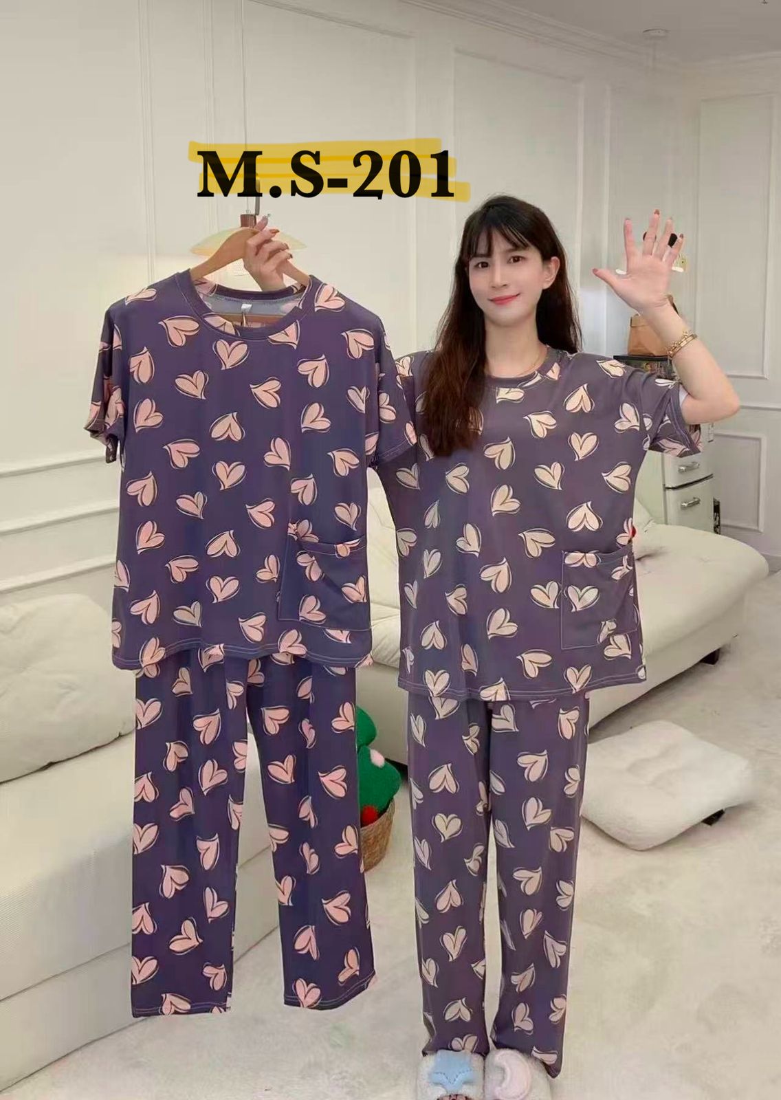 Korean Heart Print Night Suit for Women Wholesale | Cute Cotton Sleepwear Set Supplier India | Ladies Nightwear Bulk