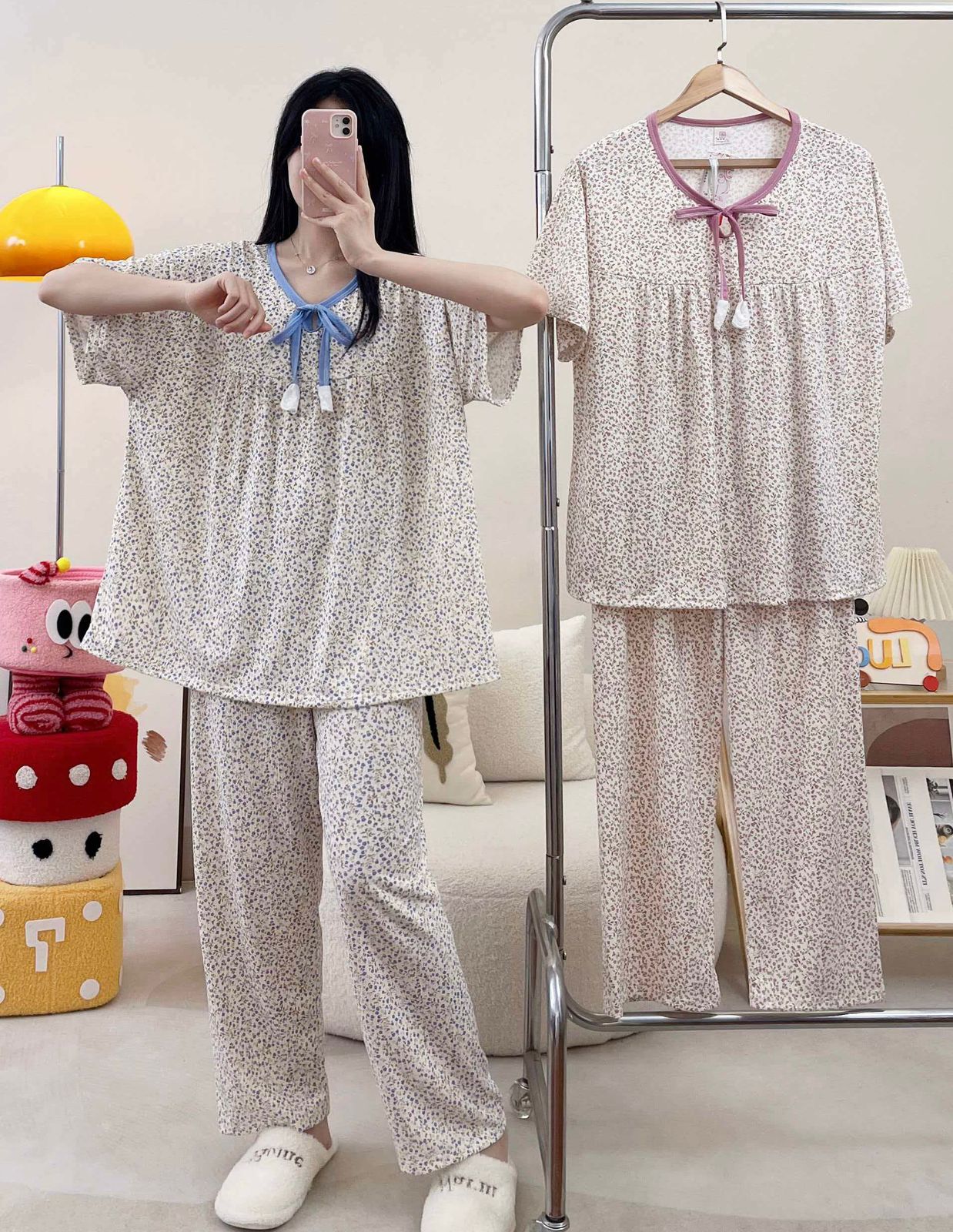 Korean Floral Loose Night Suit for Women Wholesale | Soft Cotton Lounge Sleepwear Supplier India | Ladies Nightwear Bulk