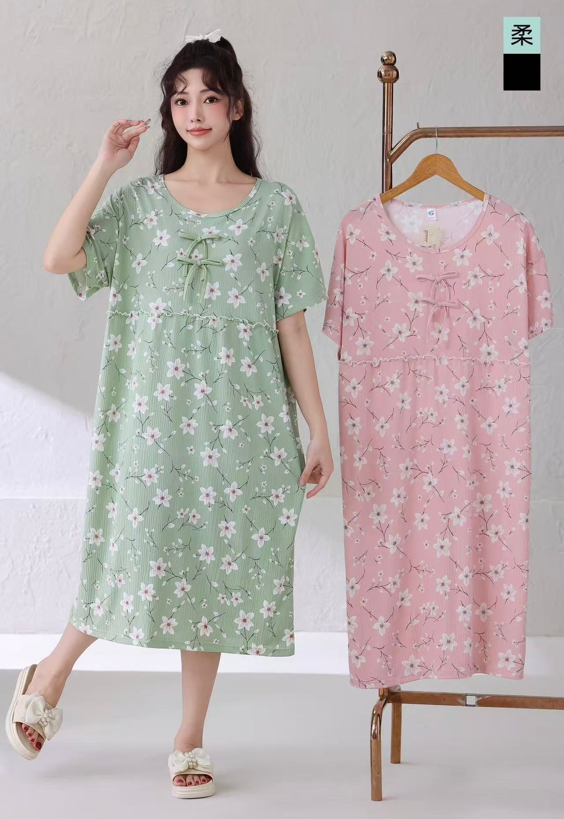 Korean Heart Print Nighty Dress for Women Wholesale | Premium Cotton Sleepwear Supplier India | Ladies Nightwear Bulk