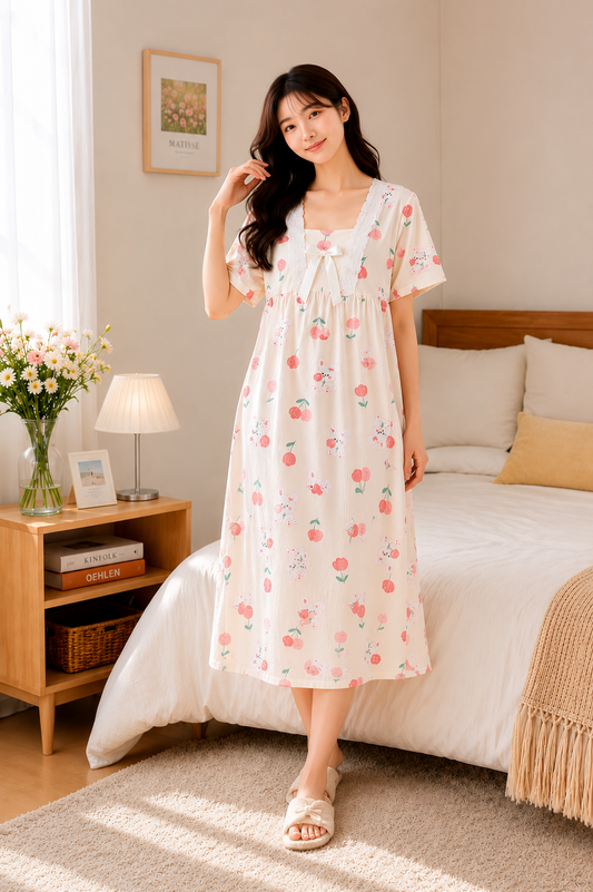 A woman stands in a softly lit bedroom wearing a white knee-length nightgown with a pink cherry print and a bow at the neckline. The room includes a bed, bedside table, lamp, and framed wall art.