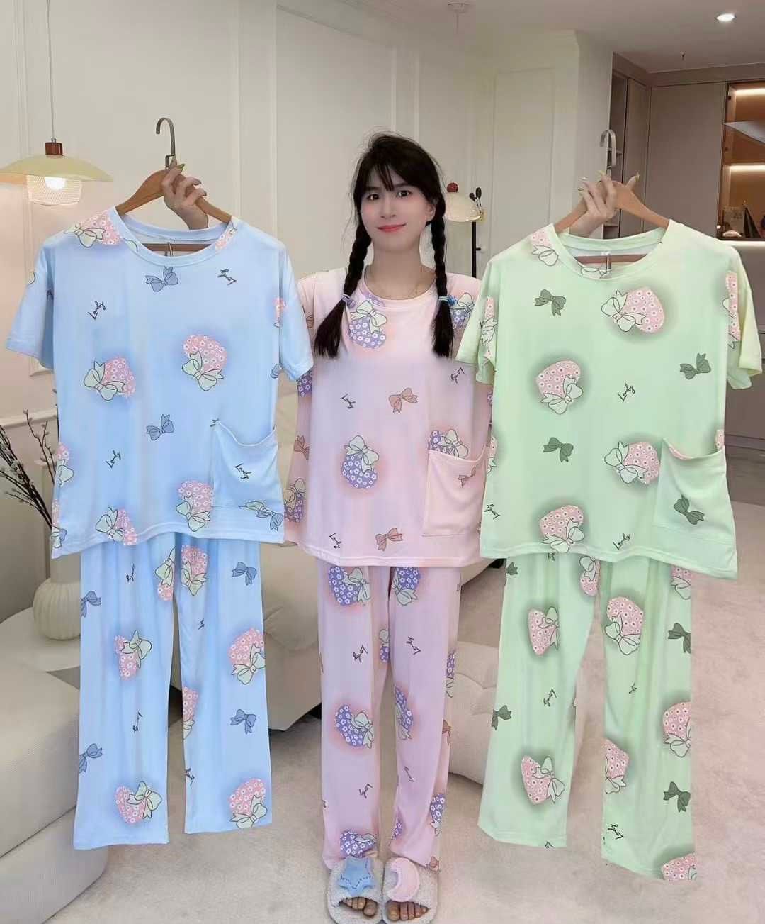 Korean Heart Print Night Suit for Women Wholesale | Cute Cotton Sleepwear Set Supplier India | Ladies Nightwear Bulk