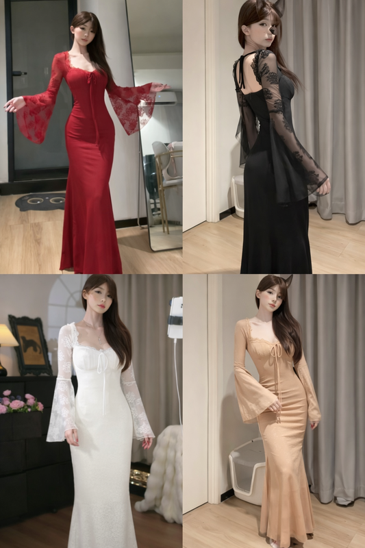 Imported Korean Lace Bell Sleeve Maxi Party Dress for Women – Wholesale
