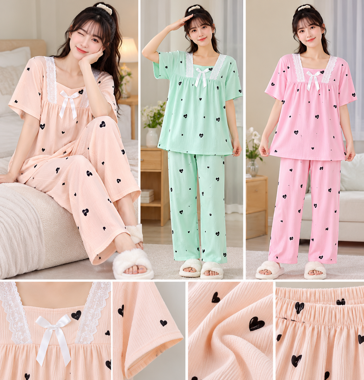 Peach mint green pink black heart print lace square neck pajama nightwear sets