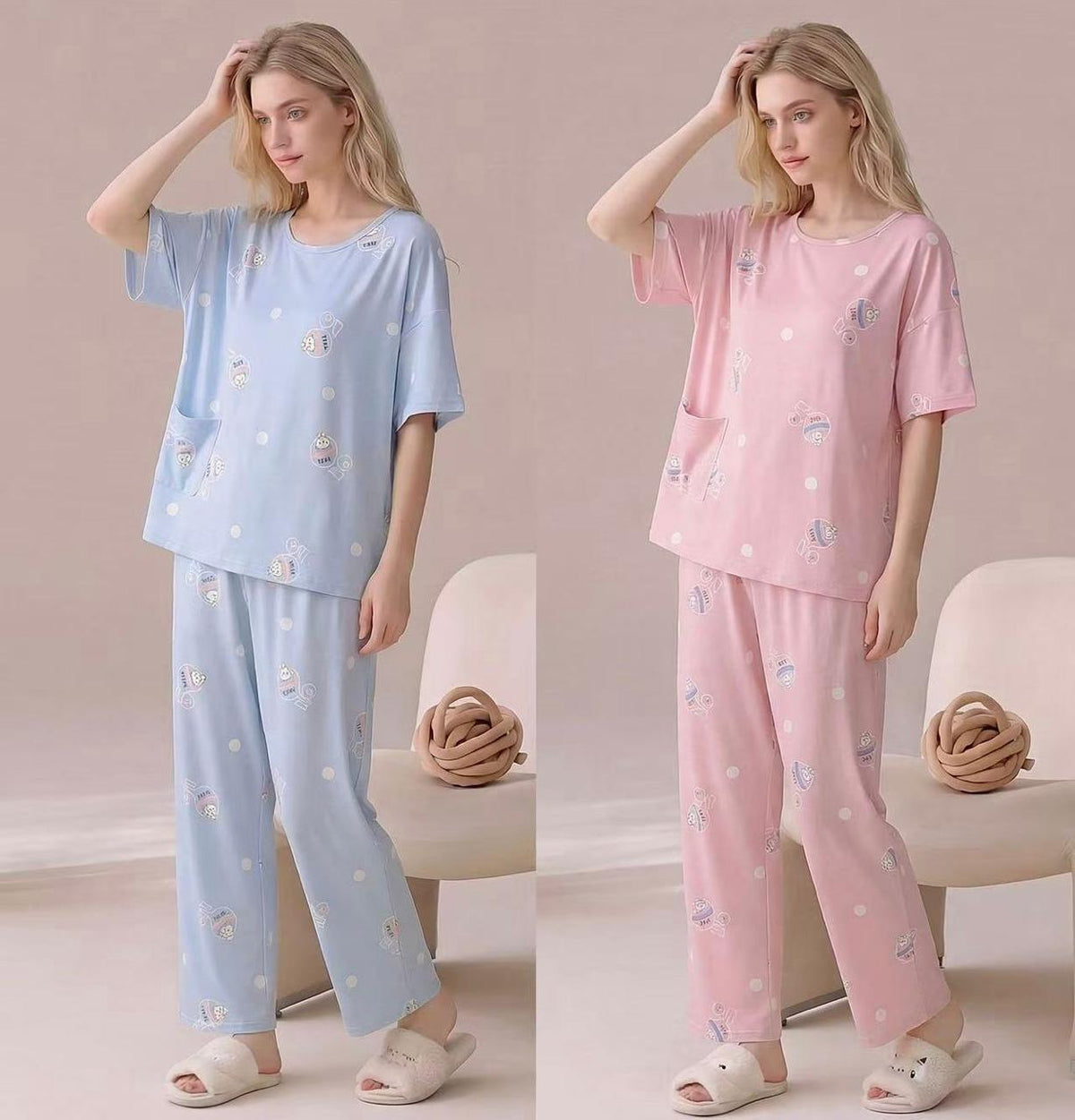 Blue pink pastel cartoon print two piece women's night suit