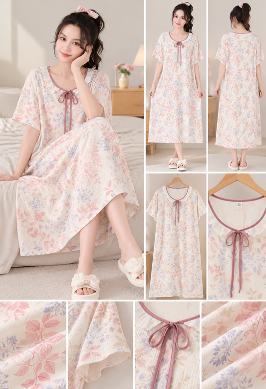 Pastel botanical floral midi nightdress with mauve bow Korean wholesale